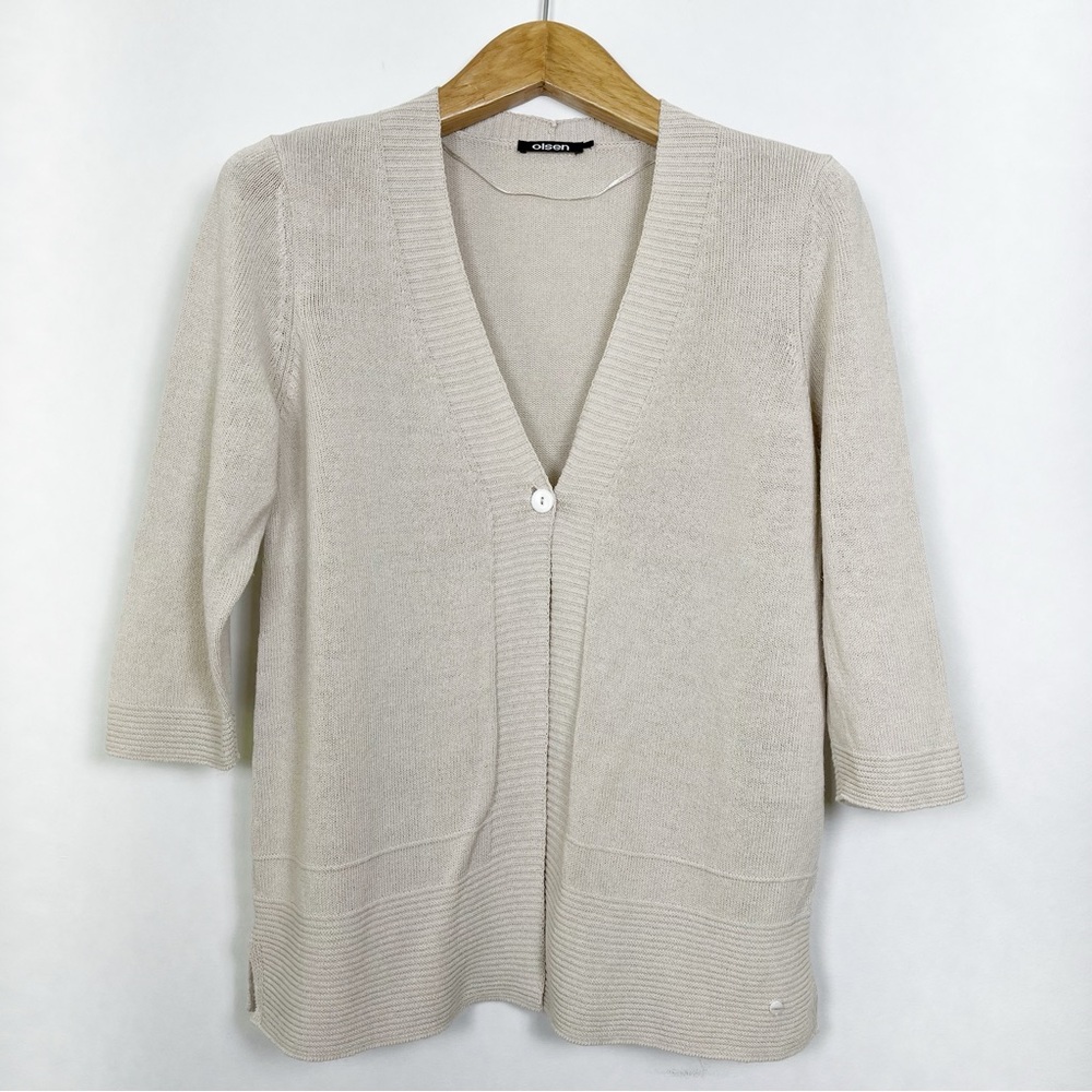 Olsen Women's Tan Linen Blend Knit‎ Cardigan Sweater 3/4 Sleeves Size Medium